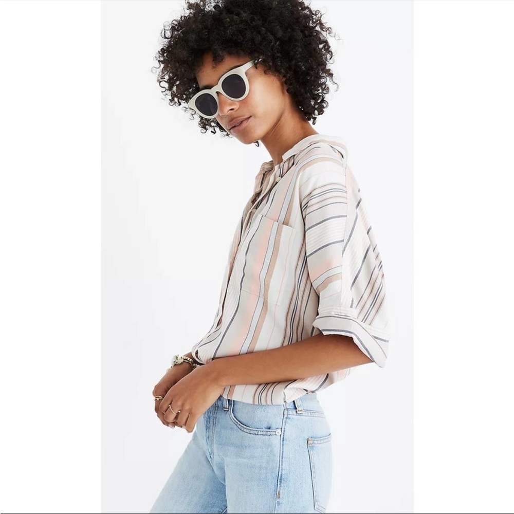Madewell Button Up Collared Courier Shirt in Aldwin Stripe Size S Style H6473